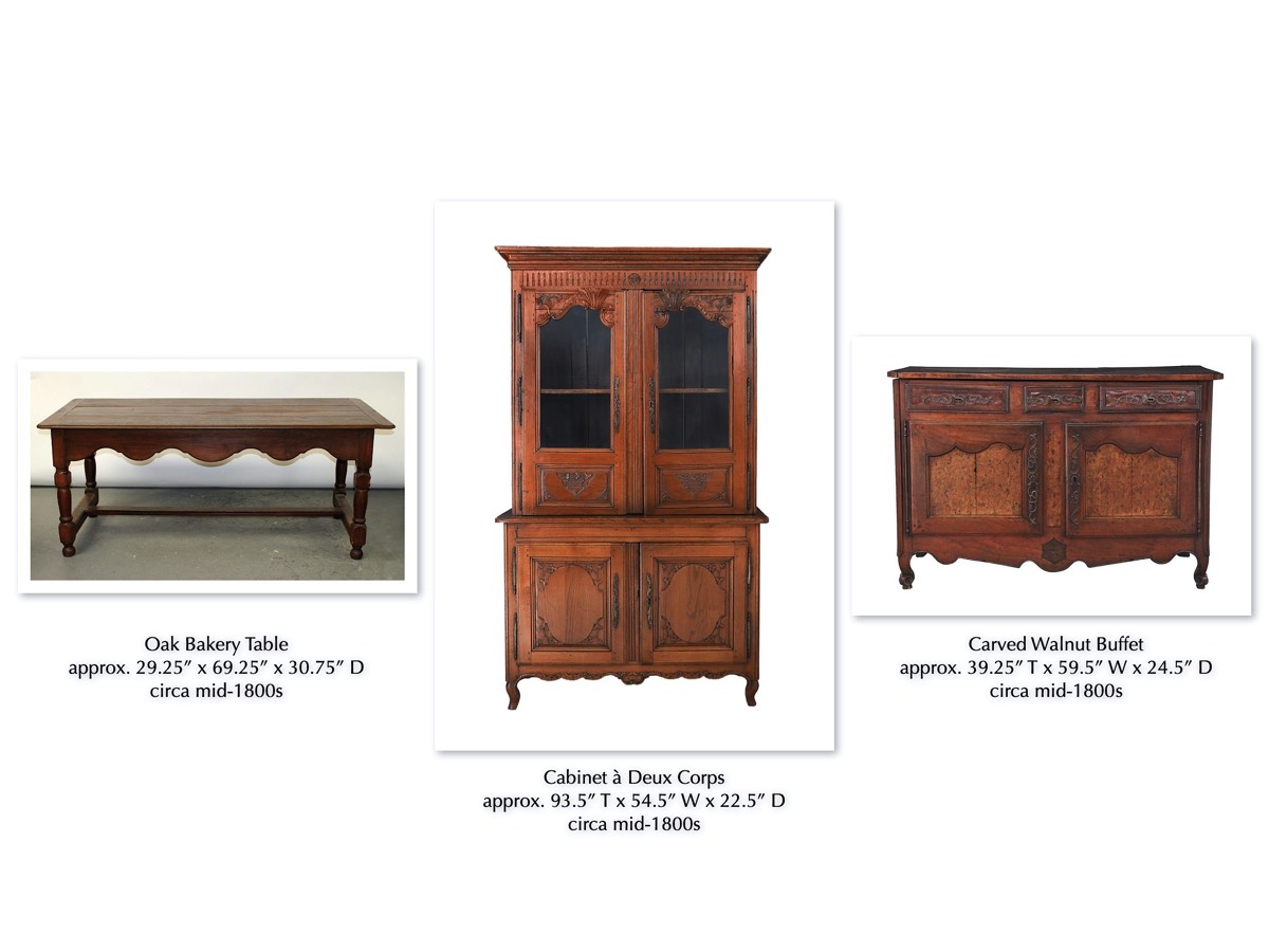 French Provincial: Baker’s Table | Cabinet a Deux Corps | Walnut Buffet 