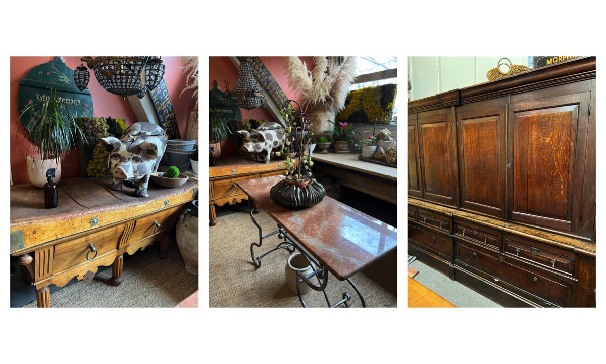 Antique French Butcherblock Table Island.  Antique Café Table. Antique English Cabinet.