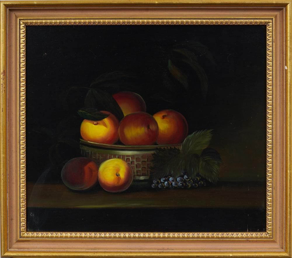 <b>Still Life w/Fruit</b><br>Oil on wood panel<br>approx. 16 x 19 inches<br>Contemporay, USA