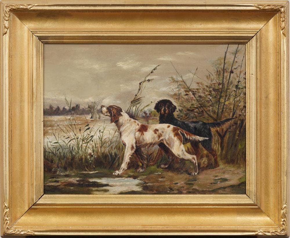<b>Hunting Dogs</b><br>Oil on canvas<br>approx. 18 x 22 inches<br>circa 19th cen., USA