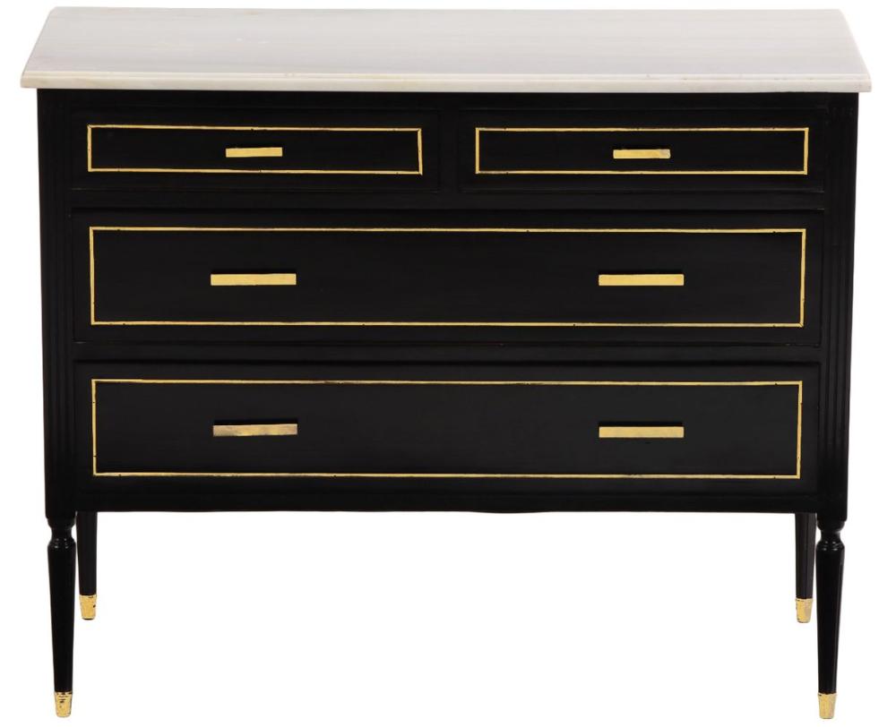 <b>French Directoire-Style Ebonized Dresser</b><br>w/marble top<br>approx. 31.5 tall x 39.25 long x 18.5 deep inches<br>circa 1950, France