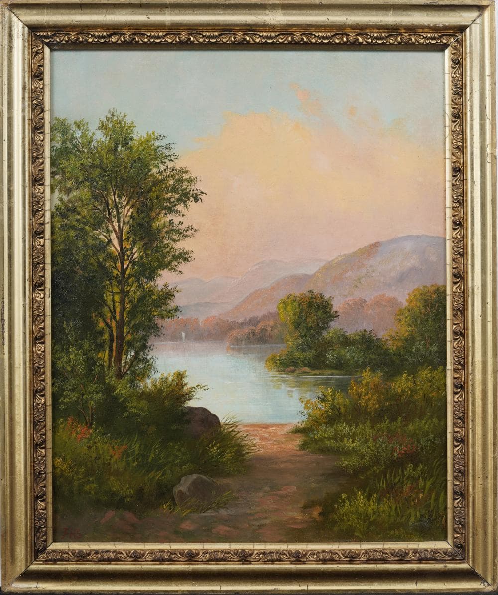 <b>Mountain & River Landscape</b><br>Oil on canvas<br>approx. 14.5 x 17.5 inches<br>circa 1800s, USA