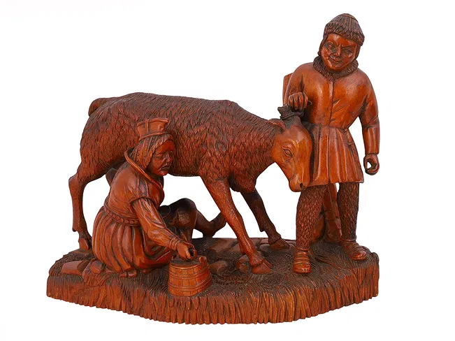 <b>German Folk Carving<b><br> Shepherd, milkmaid, goat<br> approx. 9.5 tall x 12 inches long<br> circa 1900, Germany