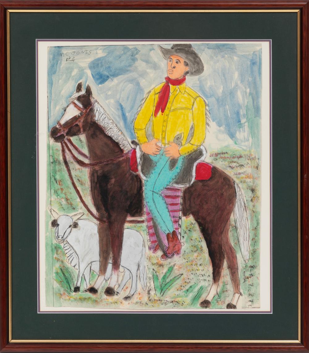<b>Cowboy in Yellow</b><br> Watercolor, ink and charcoal on paper<br> approx. 26.25 x 23.25 inches framed<br> circa 20th cen., USA 