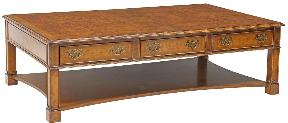 <b>English Burled Walnut Coffee Table</b><br>approx 18.25 tall x 60 wide x 36 inches deep<br> circa 20th cen., England 