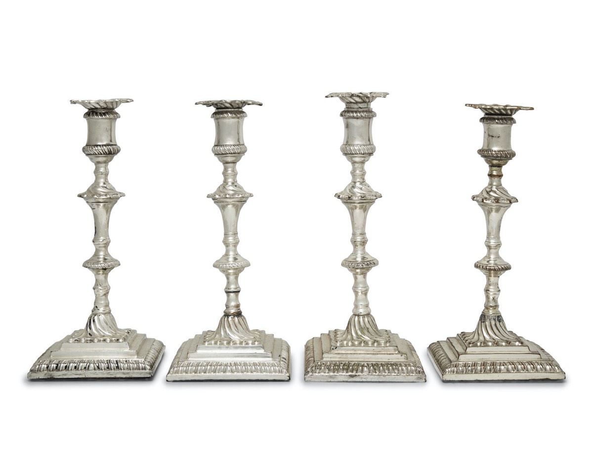 <b>George III Weighted Sheffield Plate Candlesticks (4)</b><br> approx. 11 x 4.75 inches<br> circa late-1700s, England 