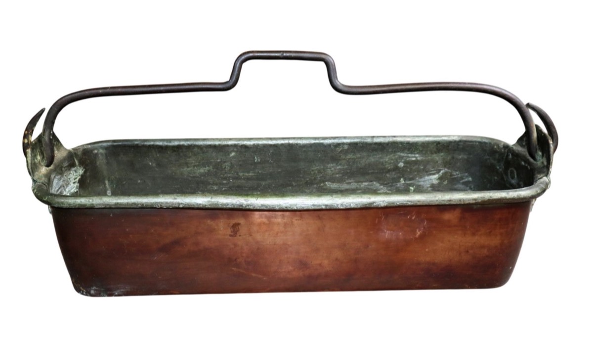<b>French Copper Fish Poaching Pan</b><br> approx. 7 tall x 26 long x 9 inches<br> circa 20th cen., France