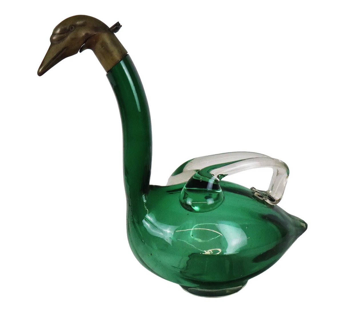 <b>Antique Emerald Green Blown Glass Swan Decanter w/Bronze Head</b><br> approx. 11.25 tall x 10.25 long x 6.5 deep inches<br> circa 1900, Austria 