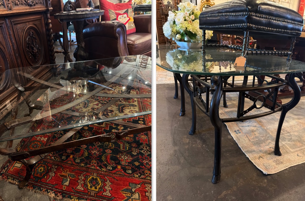 <b>Equestrian Themed Tables</b><br>Bridle Strap Coffee Table: approx. 18 tall x 49.5 long x 31.5 deep inches<br> End Tables (2 avail.): approx. 22 tall x 30 x 30 inches