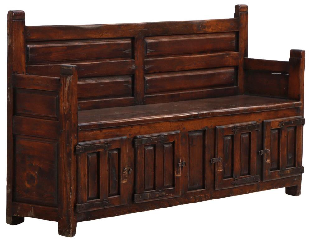 <b>Spanish Provincial Walnut Hall Bench</b><br> Lift-lid over cabinet base<br> approx. 38.25 tall x 66.5 wide x 15.5 inches<br> circa 1800, Spain