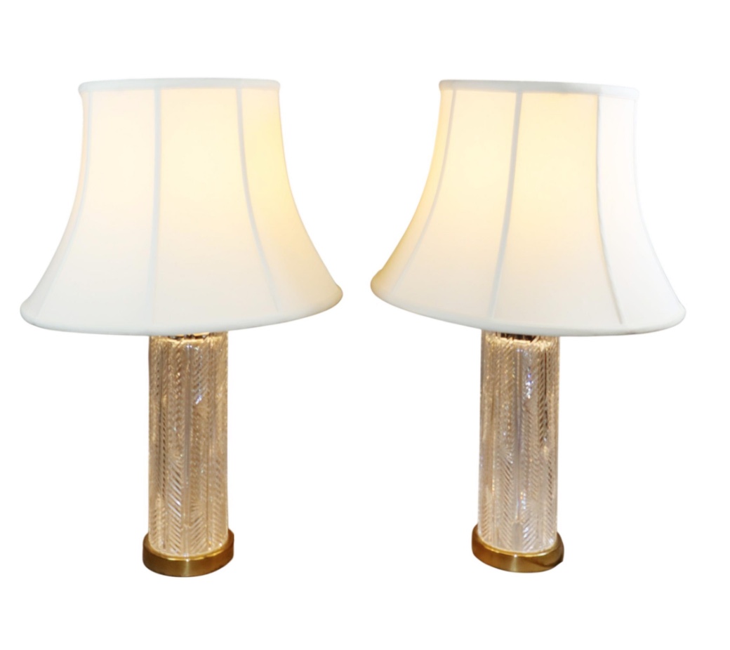 <b>Pair of Waterford Crystal Table Lamps </b><br> Herringbone cut pattern cylinders, brass bases, bell shades<br> circa later-20th cen., Ireland 