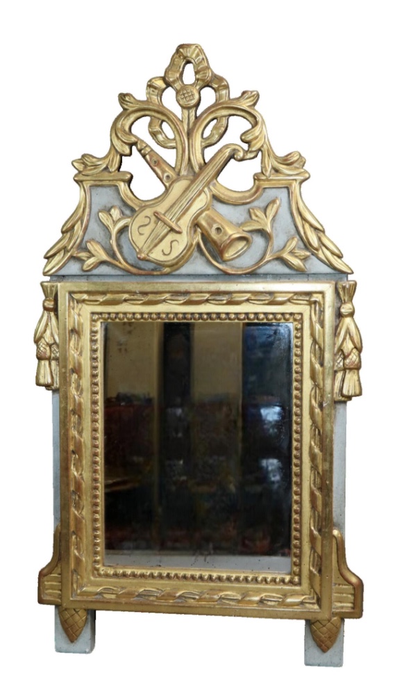 <b>French Louis XVI-Style Mirror</b><br> Paint & gilt finish w/musical trophy crest<br>  approx. 32.75 tall x 17 inches<br> Circa 20th century, France<br>