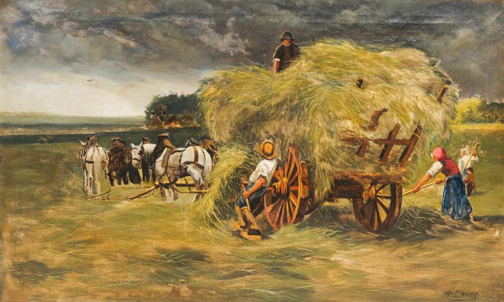 <b>Harvest Scene Oil on Canvas</b><br> approx. 22 x 36 inches unframed<br> circa mid-19th cen., USA