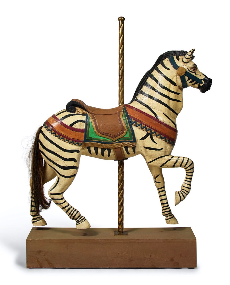 <b>Carved Wooden Carousel Zebra</b><br> approx. 59 tall x 52 long x 11 inches<br> circa 20th cen.  