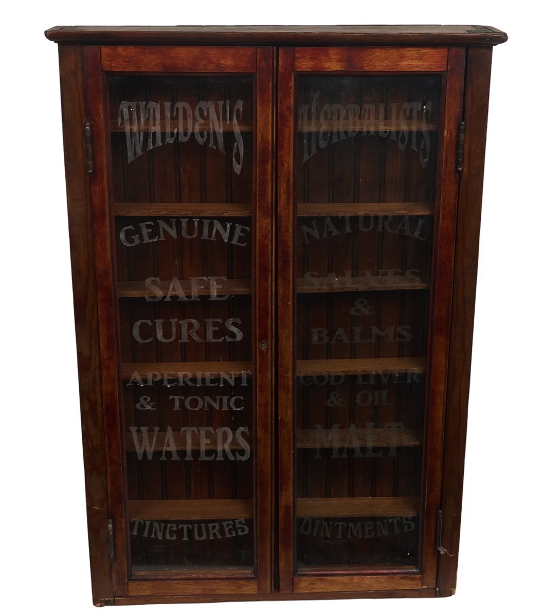 <b>Herbalist’s Cabinet</b><br> approx. 40 tall x 27 wide x 4 inches<br>  circa 1900, possibly England 