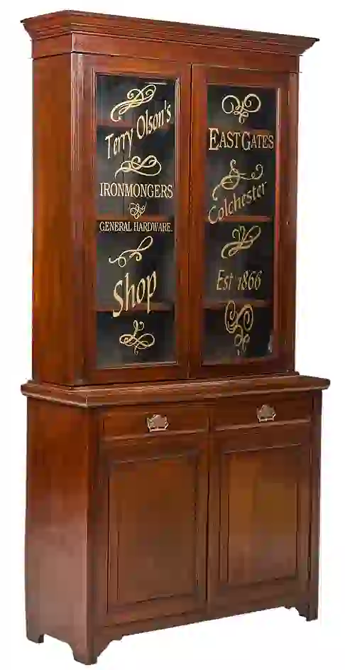 <b>English Hardware Store Display Cabinet in Mahogany</b><br> approx.  82 tall x 42 wide x 16 inches<br> circa 1900, Colchester, England 