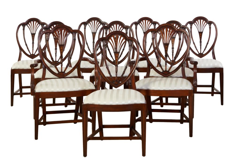 <b>Hepplewhite-Style Inlaid Mahogany Dining Chairs</b><br> Set of ten, incl. 2 armchairs<br>  circa 20th cen., USA