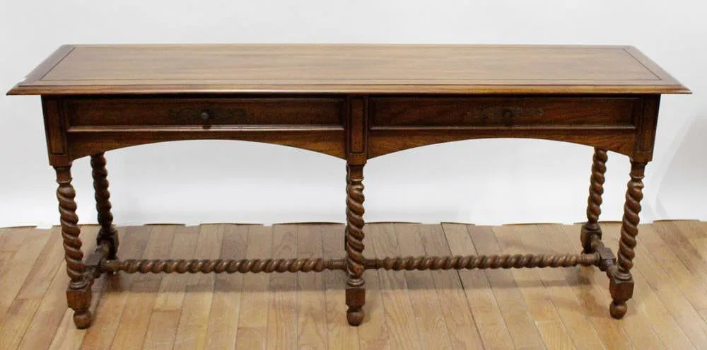 <b>Console Table</b><br> 2 drawers, barley-twist legs & stretcher<br> approx 28.5 tall x 67 wide x 17 inches deep<br>  circa 1900, NC, USA