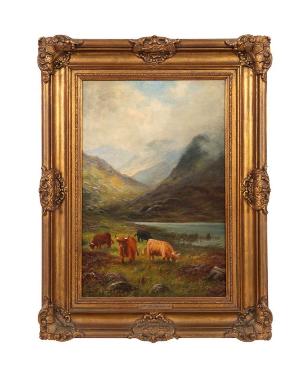 <b>British School Highlands Cows Oil on Canvas</b><br>approx. 32 x 24 inches <br>circa 19th cen.