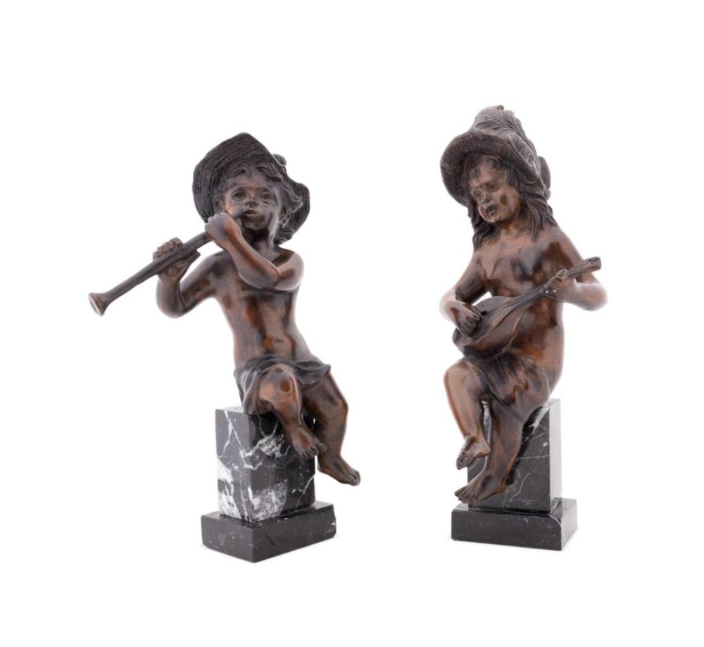 <b>Bronze Putti Musicians</b><br> On marble plinths<br> approx. 16 in. T x 10 in. W x 5 in. D<br> circa 19th cen., France