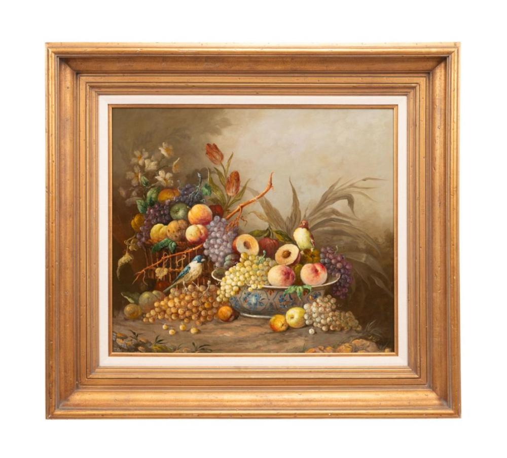 <b> Still Life with Fruit and Birds</b<br>Oil on canvas<br>approx. 41 x 45 inches<br>circa mid-20th cen., France